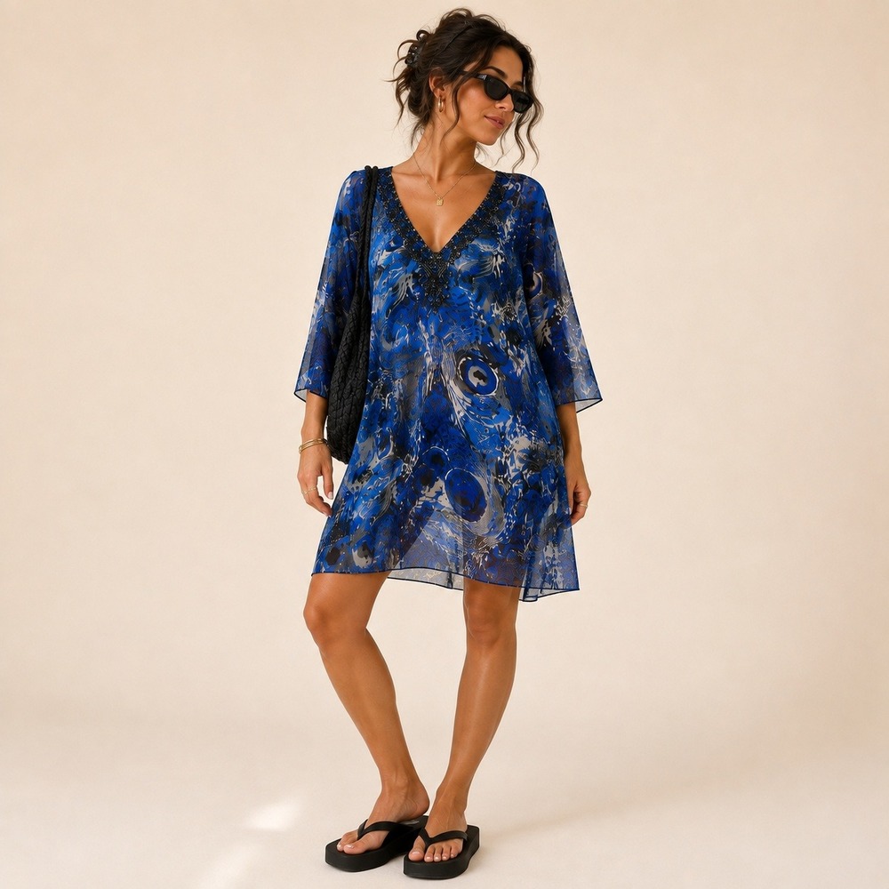 Zury Peacock Beaded Tunic L XL Blue Sheer Resort Swim Cover Up Boho Y2K